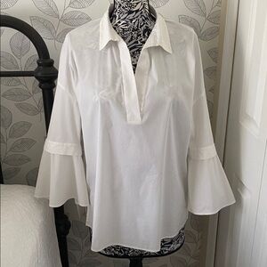 Lafayette 148 white cotton blend collared tunic top with tie detail bell sleeves